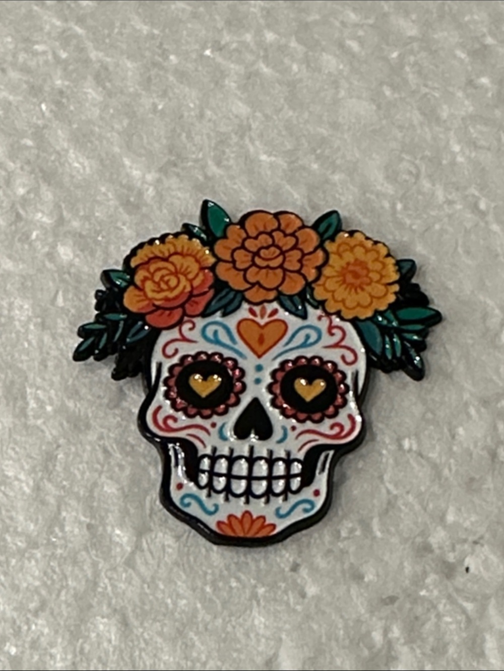 Day of the Dead Floral Sugar Skull Pin - Orange & Green